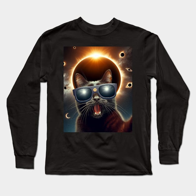 black cat taking a selfie with solar 2024 eclipse wearing Glasses Long Sleeve T-Shirt by HBart